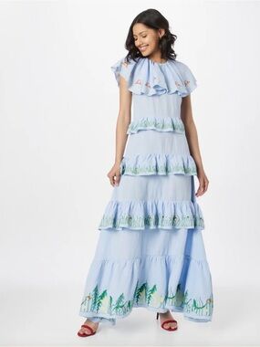 Helmstedt Algue Embroidered Linen Blend Tiered Ruffle Maxi Dress NWT. XS